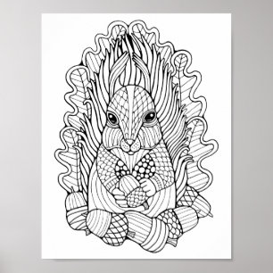 Poster Fantasy Forest Squirrel Acorda Arte de Coloração