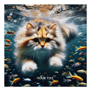 Pôster Fantasy Gato Bonito Nadando Submarino