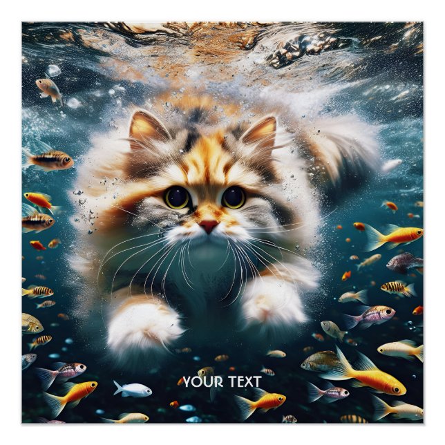 Pôster Fantasy Gato Bonito Nadando Submarino (Frente)