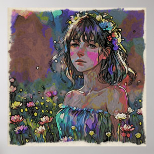 Poster *~ Fantasy Girl Wild Flowers AP56 Art Painting