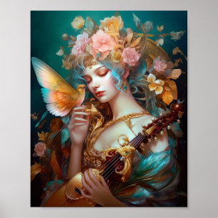 Poster Fantasy Lady With Lute & Butterfly Bird