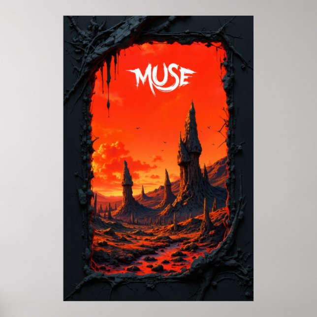 Poster Fantasy landscape with fiery sky and towering (Frente)