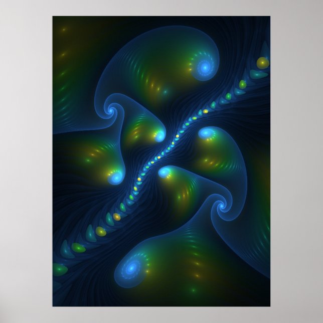 Poster Fantasy Luzes Abstrato Azul Verde Amarelo Fractal (Frente)