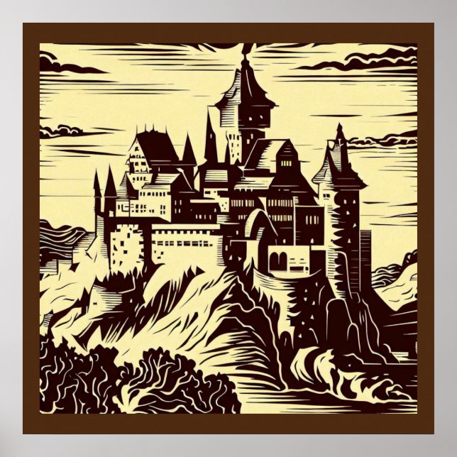 Poster Fantasy Medieval Castle - Woodcut 2 (Frente)