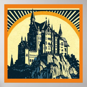 Poster Fantasy Medieval Castle - Woodcut 3