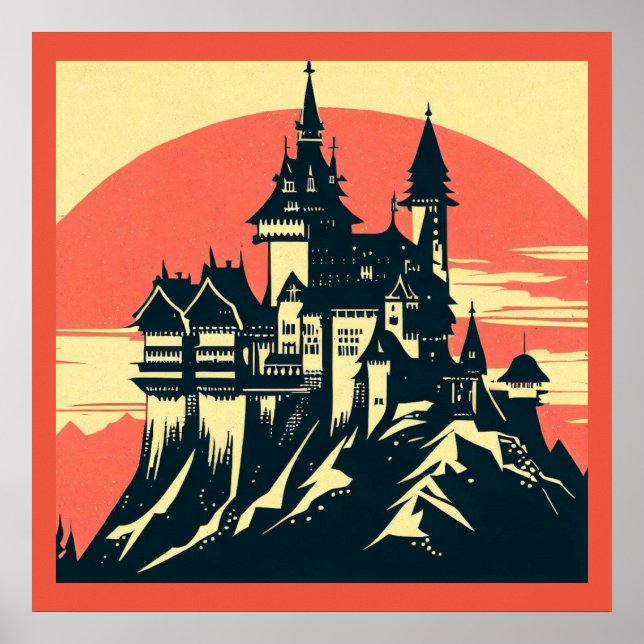 Poster Fantasy Medieval Castle - Woodcut 4 (Frente)