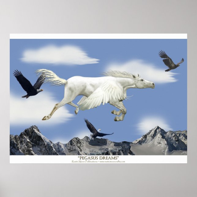 Pôster Fantasy Pegasus Flying Horse and Eagle Mountain (Frente)