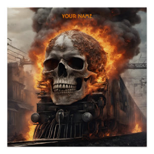 Pôster Fantasy Skull Train Flames Wreck