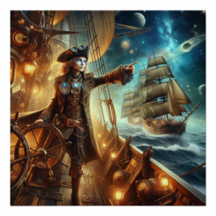 Pôster Fantasy Space Pirate Steampunk Vintage Victorian