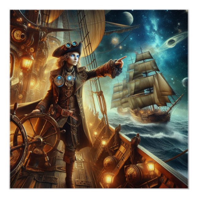 Pôster Fantasy Space Pirate Steampunk Vintage Victorian (Frente)