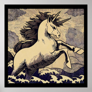 Poster Fantasy Unicorn - Woodcut 1