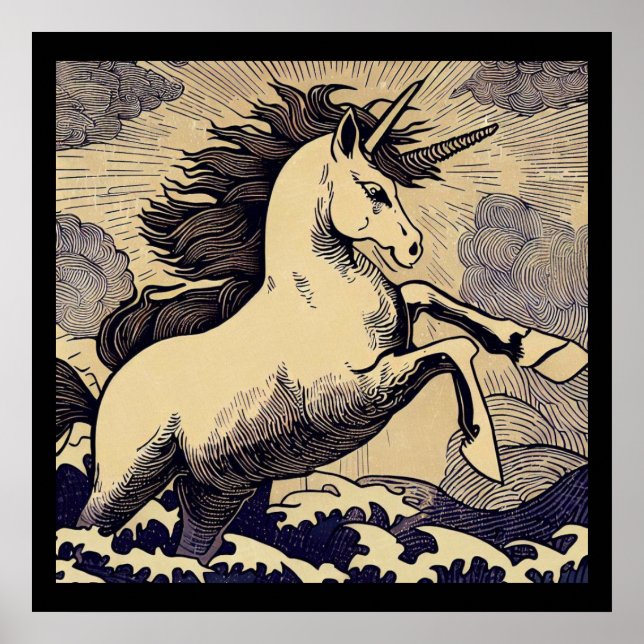 Poster Fantasy Unicorn - Woodcut 1 (Frente)