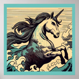 Poster Fantasy Unicorn - Woodcut 3