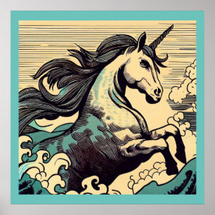 Poster Fantasy Unicorn - Woodcut 3