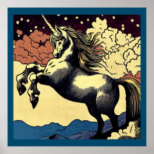 Poster Fantasy Unicorn - Woodcut 4