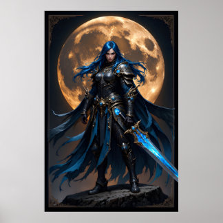 Poster Fantasy Warrior Woman with Blue Hair and a Glowing