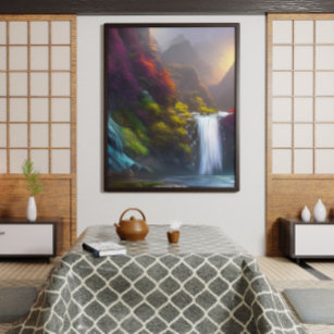 Poster Fantasy Waterfall, Mountain and Forest Nature Art
