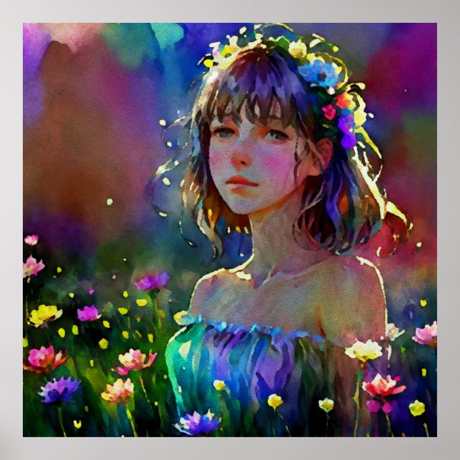 Poster *~ Fantasy Wild Flowers AP56 Watercolor Art Girl (Frente)