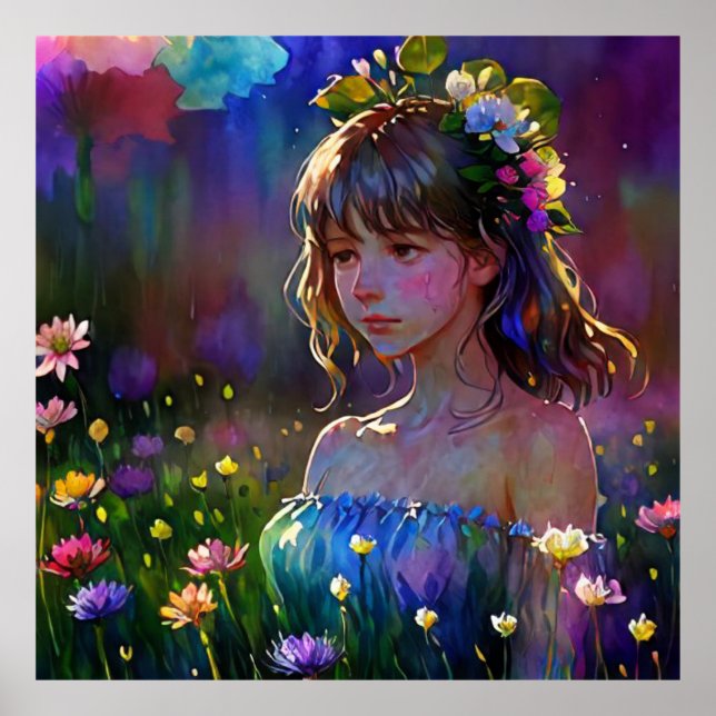Poster *~ Fantasy Wild Flowers Girl AP56 Watercolor Art (Frente)