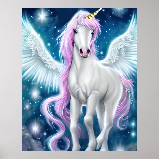 Poster Fantasy Winged Unicorn with Pink Hair (Frente)