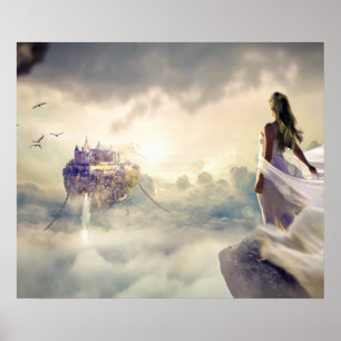 Pôster Fantasy Woman and Island Castle in the Clouds