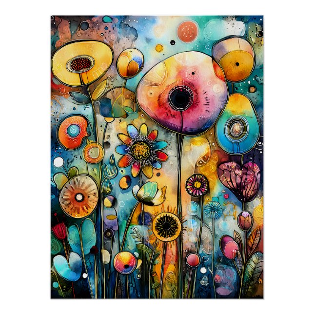 Pôster Farbenfrohe Blumenlandschaft mit abstrakten Blüten (Frente)