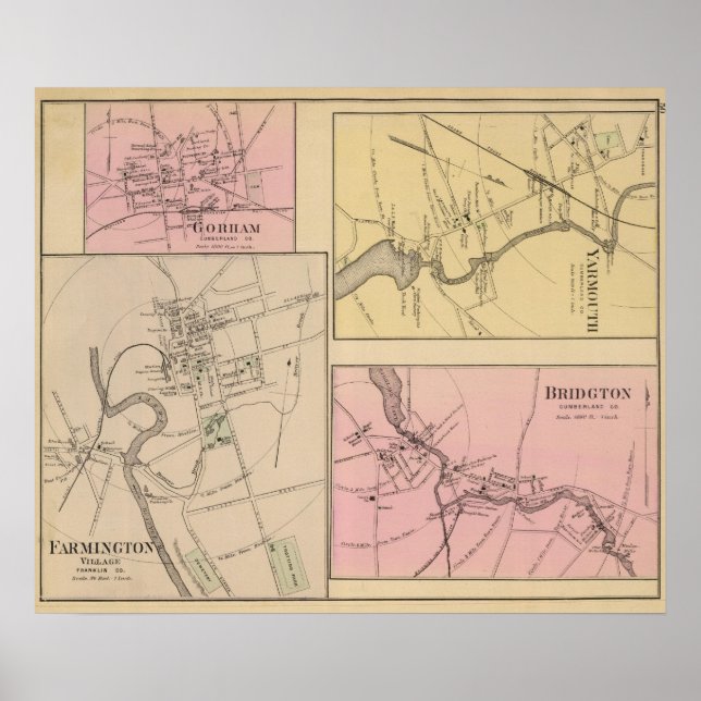 Poster Farmington, Gorham, Yarmouth, Bridgton Map (Frente)