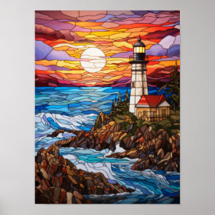 Poster Faro Costeiro de Vidro Colorido ao Pôr do Sol