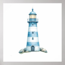 Faro em Aquarela Azul e Branco