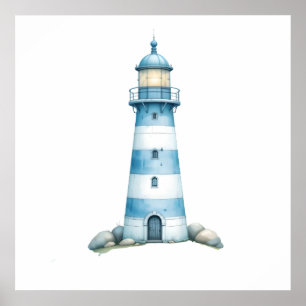 Poster Faro em Aquarela Azul e Branco