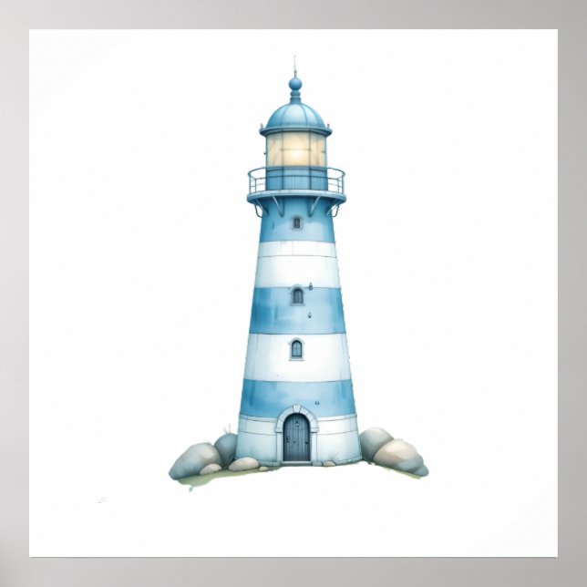 Poster Faro em Aquarela Azul e Branco (Frente)