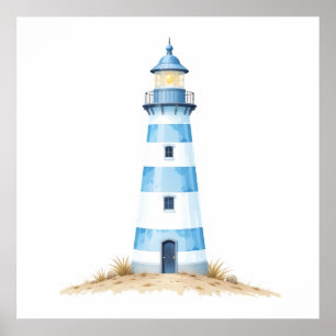 Poster Faro em Aquarela Azul e Branco