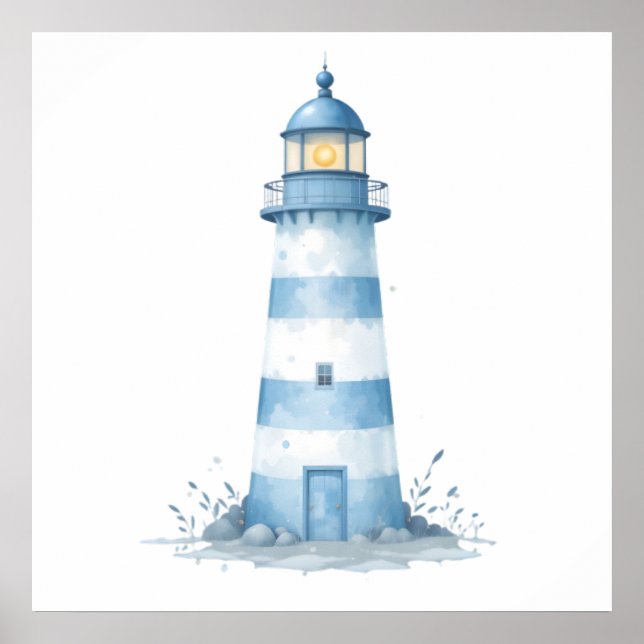 Poster Faro em Aquarela Azul e Branco (Frente)