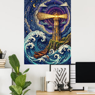 Poster farol à noite com ondas
