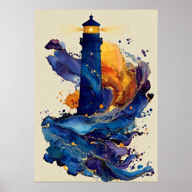 Poster Farol Abstrato Arte Líquida Costeira Fluxo de Cor  (Frente)