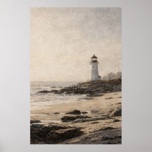 Poster Farol Branco em uma Costa Rochosa