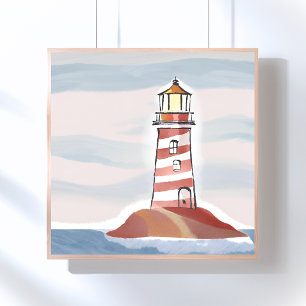Poster Farol Clássico   Aquarela Costeira Oceânica