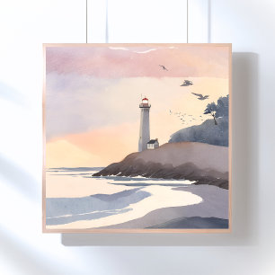 Poster Farol Costeiro Pintura em Aquarela da Praia