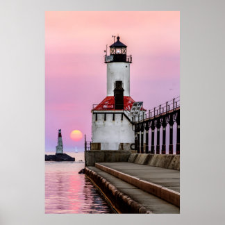 Poster Farol da cidade de Michigan e Sailboat do Sol