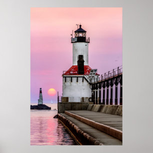Poster Farol da cidade de Michigan e veleiro do