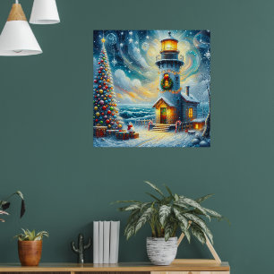 Poster Farol de Árvore de Natal Azul Costeiro Náutico