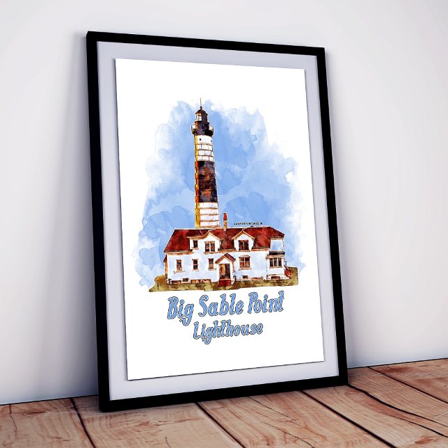 Poster Farol de Big Sable Point Aquarela - Michigan (Big Sable Point Lighthouse Watercolor - Michigan. Framed Art)