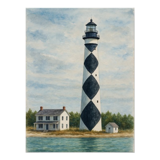 Pôster Farol de Cape Lookout em Aquarela (Frente)