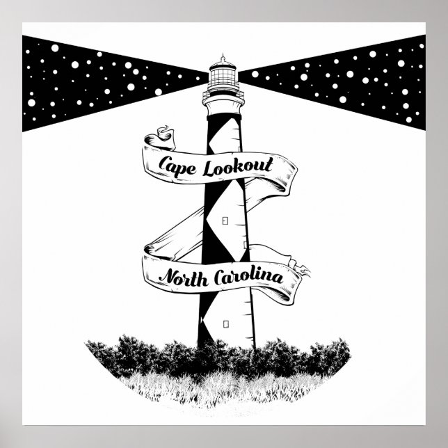 Poster Farol de Cape Lookout Preto e Branco (Frente)