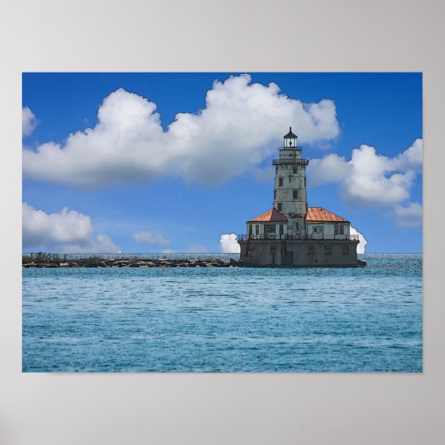 Poster Farol de Chicago Harbor Painterly (Frente)