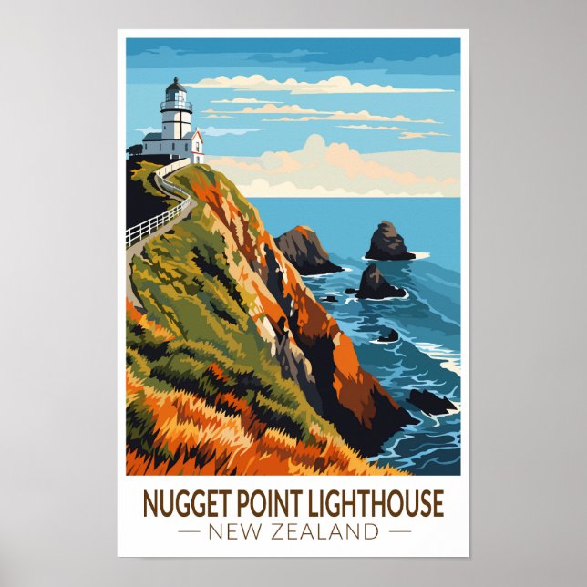 Poster Farol de Nugget Point Viagem Vintage Nova Zelândia (Frente)