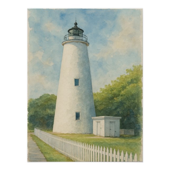 Pôster Farol de Ocracoke em Aquarela (Frente)