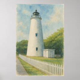 Poster Farol de Ocracoke em Aquarela