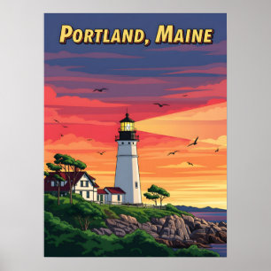 Poster Farol de Portland Maine no pôr do sol