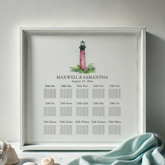 Poster Farol de trama de casamento de praia (Seating chart for destination weddings watercolor Jupiter lighthouse art by Victoria Grigaliunas)